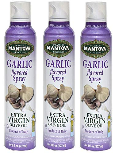 Mantova Extra Virgin Olive Oil Spray Garlic Flavored 8 oz. Spray Bottle - Manage Oil Amount - Great For Salads & Cooking (Thr?? ?ack)