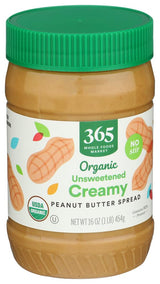 365 by Whole Foods Market, Organic Creamy Peanut Butter Spread, Unsweetened, No Stir, 16 Ounce