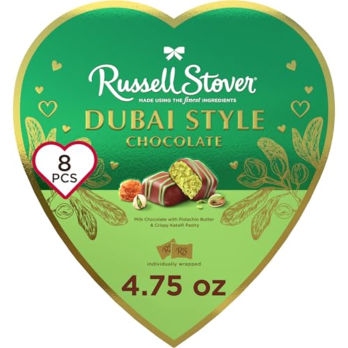 RUSSELL STOVER Valentine's Day Dubai Style Milk Chocolate Candy Pistachio & Kataifi Heart Gift Box, 4.75 oz.