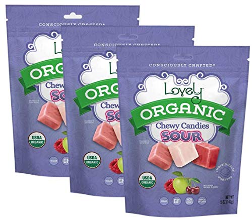 Lovely Candy Co. Organic Sour Chewy Candies 5oz Bag (3-pack) | Natural Raspberry, Apple & Cherry Flavors | Vegan, Gluten Free, Non-GMO, No Artificial