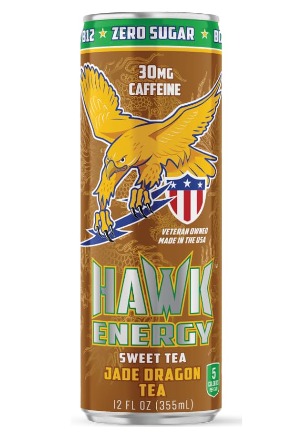 HAWK ENERGY SWEET TEA - JADE DRAGON TEA - Premium Sugar Free Energy Drink - 12 Pack - 12 oz cans - Focus and Power - 30mg Caffeine, BCAA's, B6/B12
