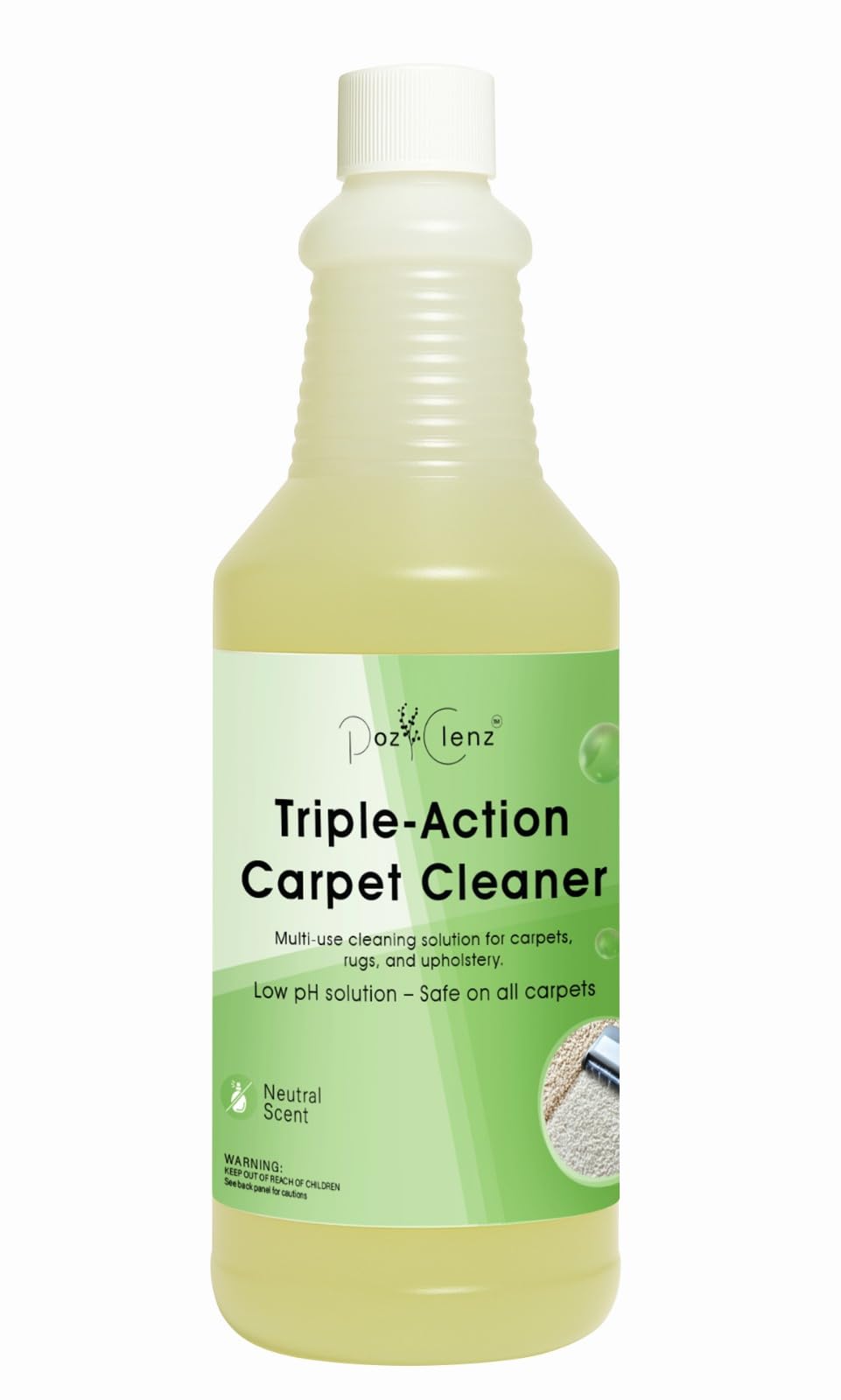 Poz Clenz Triple-Action Carpet Cleaner | Cleans, Deodorizes & Brightens | Concentrated, 1 Quart | Low-Foam Multi-Surface Solution for Use on Carpets