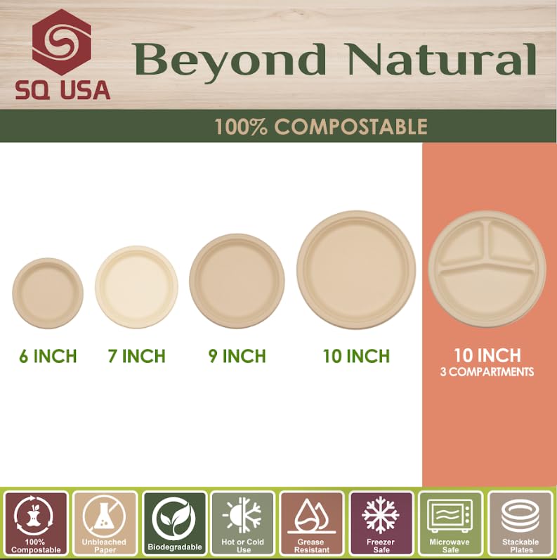 SQ USA 10 Inch Paper Plates, 3-Compartment -100 Pack, [BPI Certified], 100% Compostable, Biodegradable, Heavy Duty, Eco-Friendly Made of Bagasse…