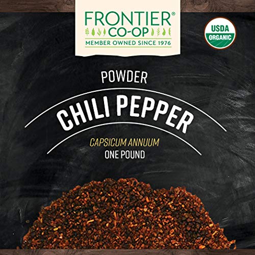 Frontier Co-op Organic Chili Powder, 1 lb Bulk Bag - Medium Roasted Red Chili Powder - Kosher, Non-Irradiated - Ground Capsicum Annuum for Cooking