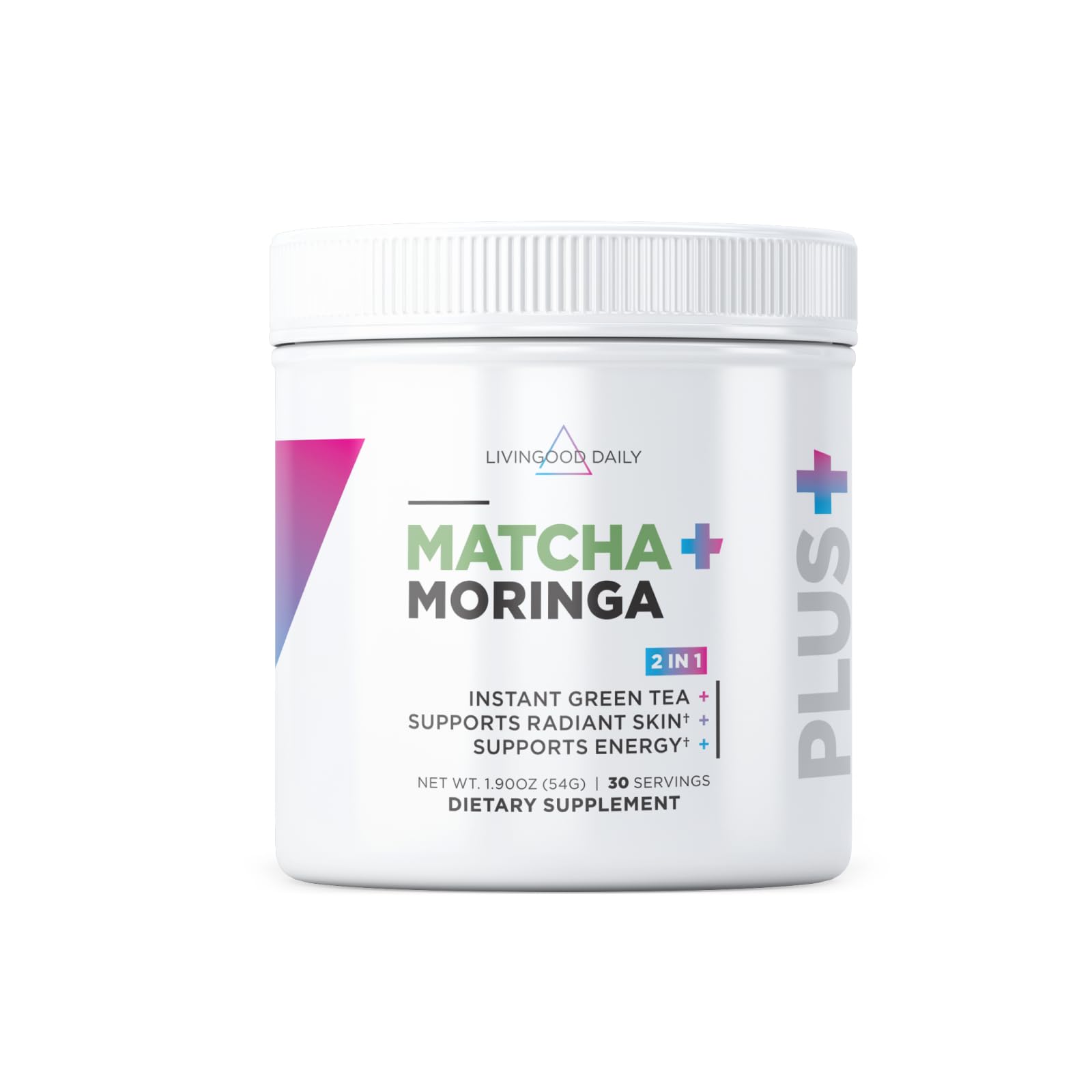Livingood Daily Matcha + Moringa Powder, 30 Servings - 2in1 Matcha Powder and Moringa Supplement for Radiant Skin - Instant Green Tea with L Theanine