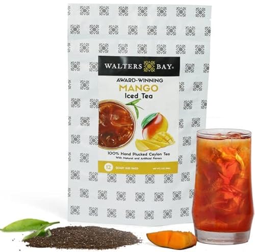 Walters Bay Mango Iced Tea, 12 Count, Quart Sized Tea Bags, Ceylon Tea, Unsweetened, Luscious Mango Fruit Flavored, 100% Hand Plucked, Black Tea, Sri