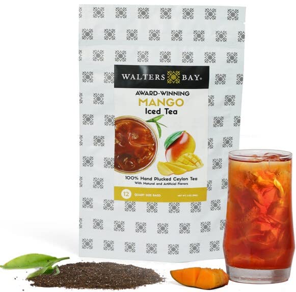 Walters Bay Mango Iced Tea, 12 Count, Quart Sized Tea Bags, Ceylon Tea, Unsweetened, Luscious Mango Fruit Flavored, 100% Hand Plucked, Black Tea, Sri