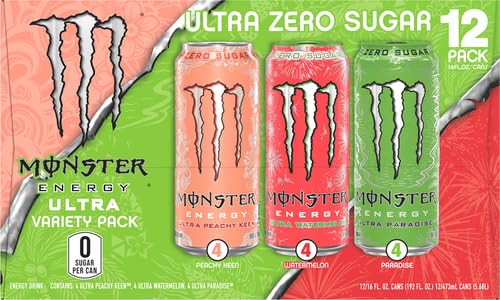 Monster Ultra Variety Pack, Ultra Watermelon + Ultra Paradise + Ultra Peachy Keen 16 fl oz, Pack of 12