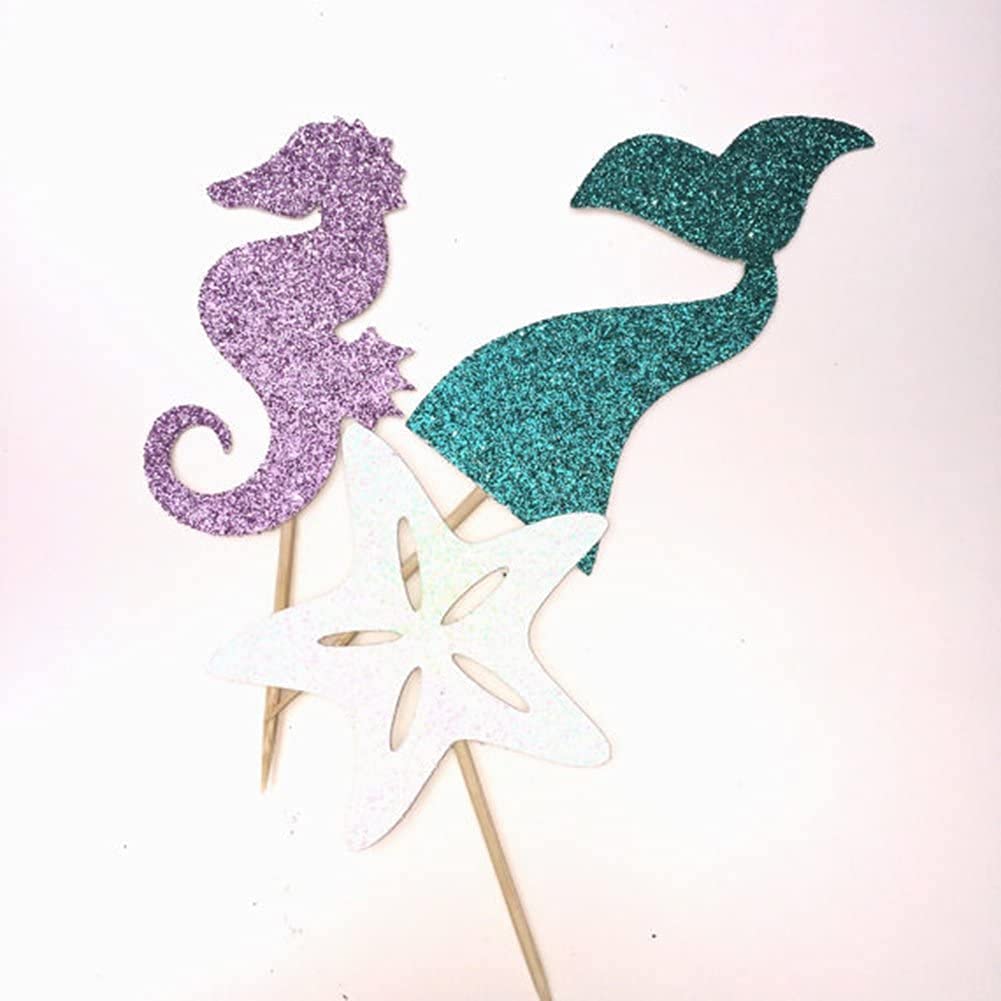 24 Pieces Mermaid Theme Glitter Cupcake Topper Cake Picks Decoration for Birthday Party Favors, Mermaid Tail, Seahorse and Starfish Food Picks