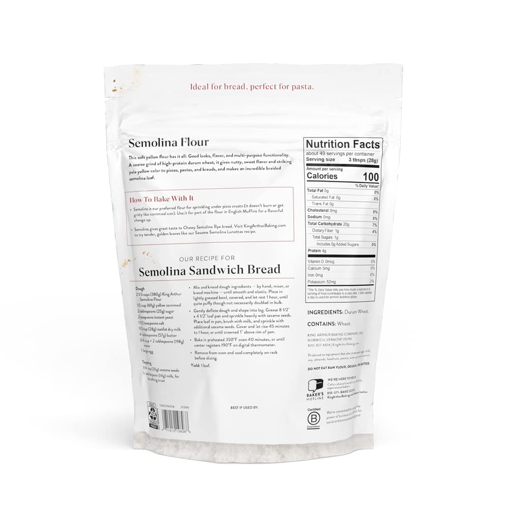King Arthur Premium Semolina Flour: Coarse Ground, High Protein Durum Wheat for Perfect Pasta, Pizza, and Bread Making - Kosher, 3 lbs Resealable Bag
