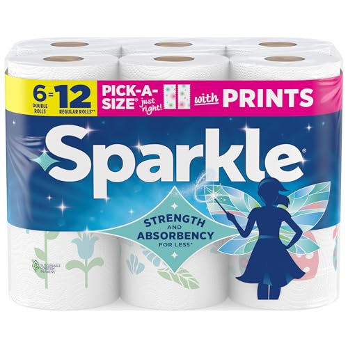 Sparkle Pick-A-Size Paper Towels, Spirited Print Design, 6 Double Rolls (660 Sheets Total) - Strong 2-Ply Towels for Kitchen Cleanup and Everyday