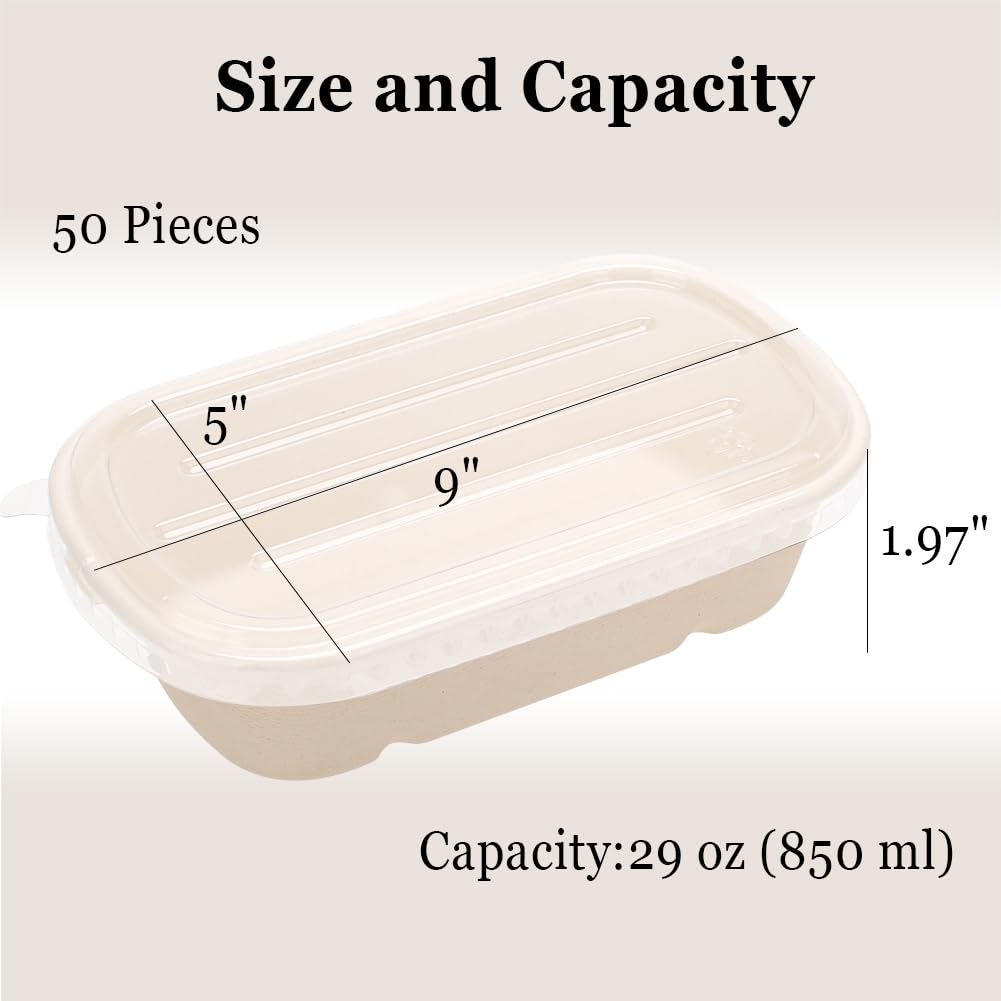 Aksipo 50 Pack 29 Oz Disposable Meal Prep Containers with Lids, Rectangle Paper Bowls with Lids for Salad,Leftovers, Leak-proof To Go Box Cardboard