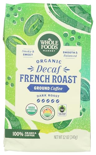 Whole Foods Market, Organic Decaf Ground Coffee, Dark French Roast, Smoky & Sweet, Smooth & Balanced, 12 Ounce