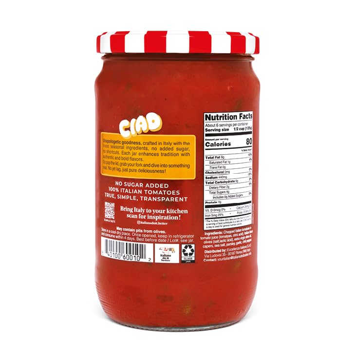 Italians Do It Better Olive You Puttanesca Pasta Sauce - Italian Tomatoes, Black Olives, Capers, Garlic & Chili Pepper - No Sugar Added, Non-GMO,