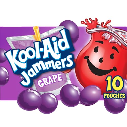Kool-Aid Jammers Artificially Flavored Drink, 10 Pouches, for School Lunches and On-the-Go Hydration, Grape Flavor, Excellent Source of Vitamin C, 6