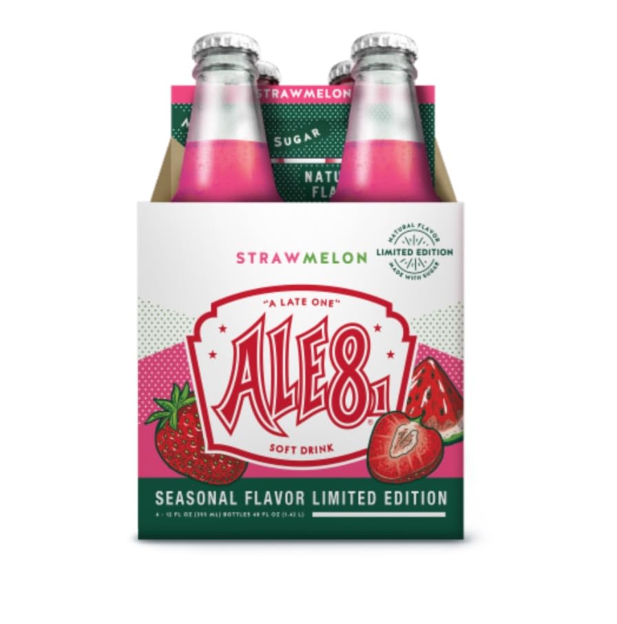 Ale 8 One Strawmelon, Glass Bottles, 12 ounces, Pack of 4, 100% Kentucky Soft Drink
