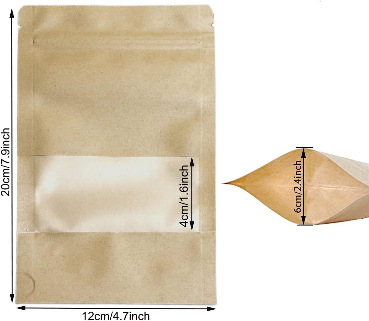 100 Pcs Kraft Paper Stand Up Pouches 4.7X7.9 Inch, Resealable Ziplock Bags with Window, Small Business Food Storage Bags for Coffee Bean, Snacks