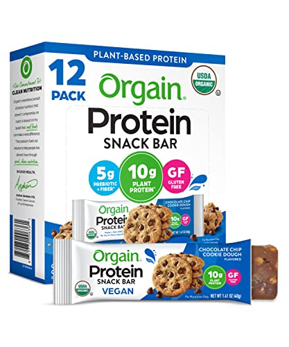Orgain Organic Vegan Protein Bars, Chocolate Chip Cookie Dough - 10g Plant Based Protein, Low Calorie Healthy Snacks, No Lactose or Soy Ingredients