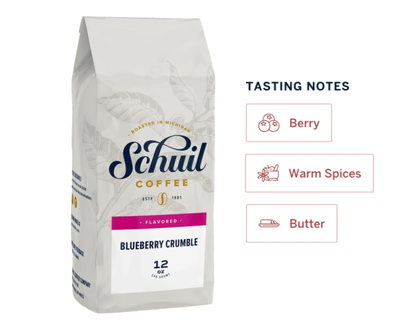 Blueberry Crumble, Schuil Whole Bean Coffee, Premium Roasted Gourmet Coffee beans, Smooth and Full Bodied Artisan Coffee 12 oz Bag (Blueberry Crumble)