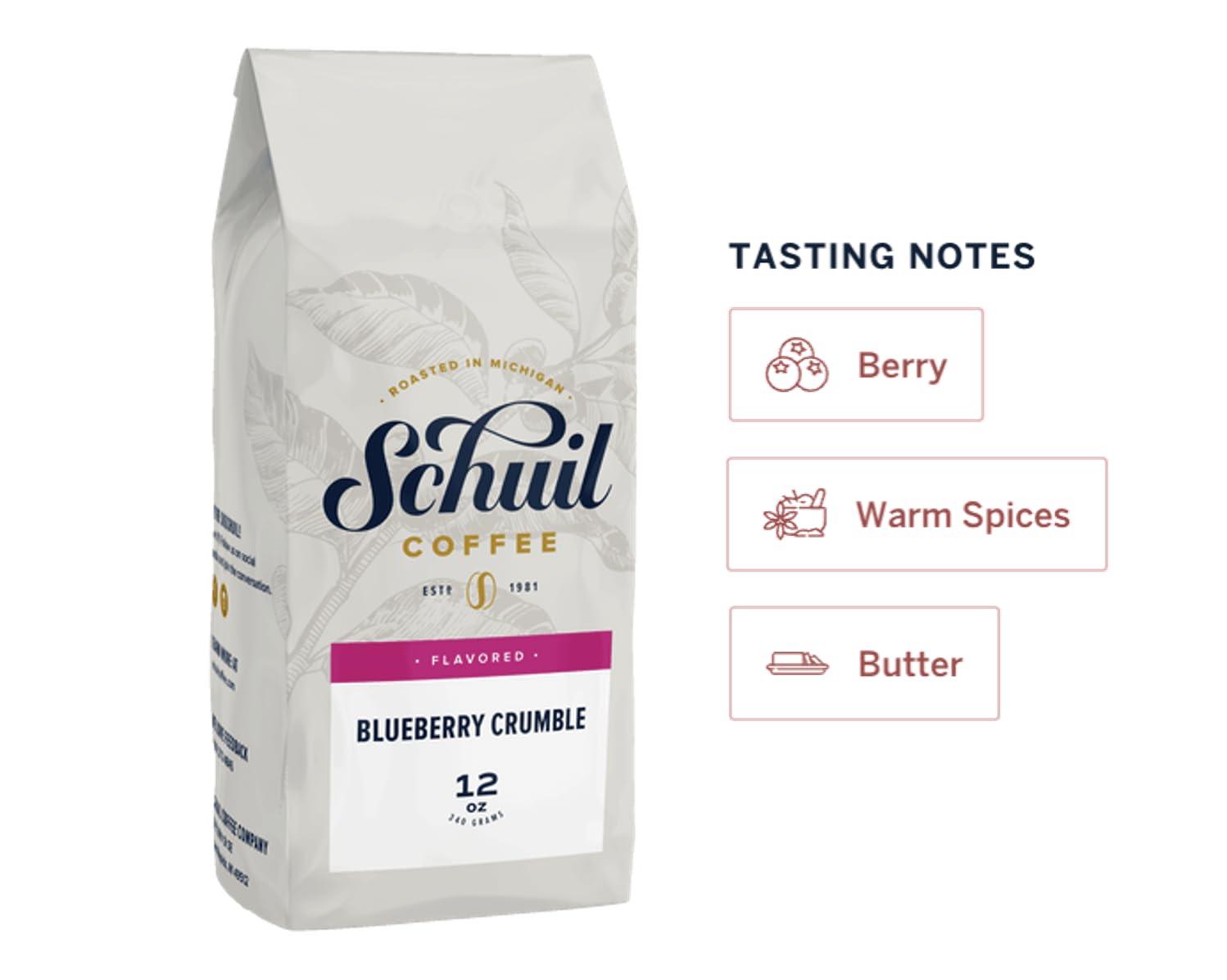 Blueberry Crumble, Schuil Whole Bean Coffee, Premium Roasted Gourmet Coffee beans, Smooth and Full Bodied Artisan Coffee 12 oz Bag (Blueberry Crumble)