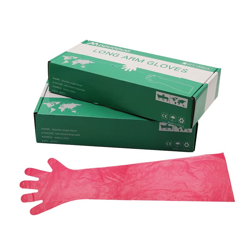 MODUODUO Disposable Gloves 100pcs Long Sleeve Shoulder Length 35”Vinyl Gloves for Cleaning Housework (Red)