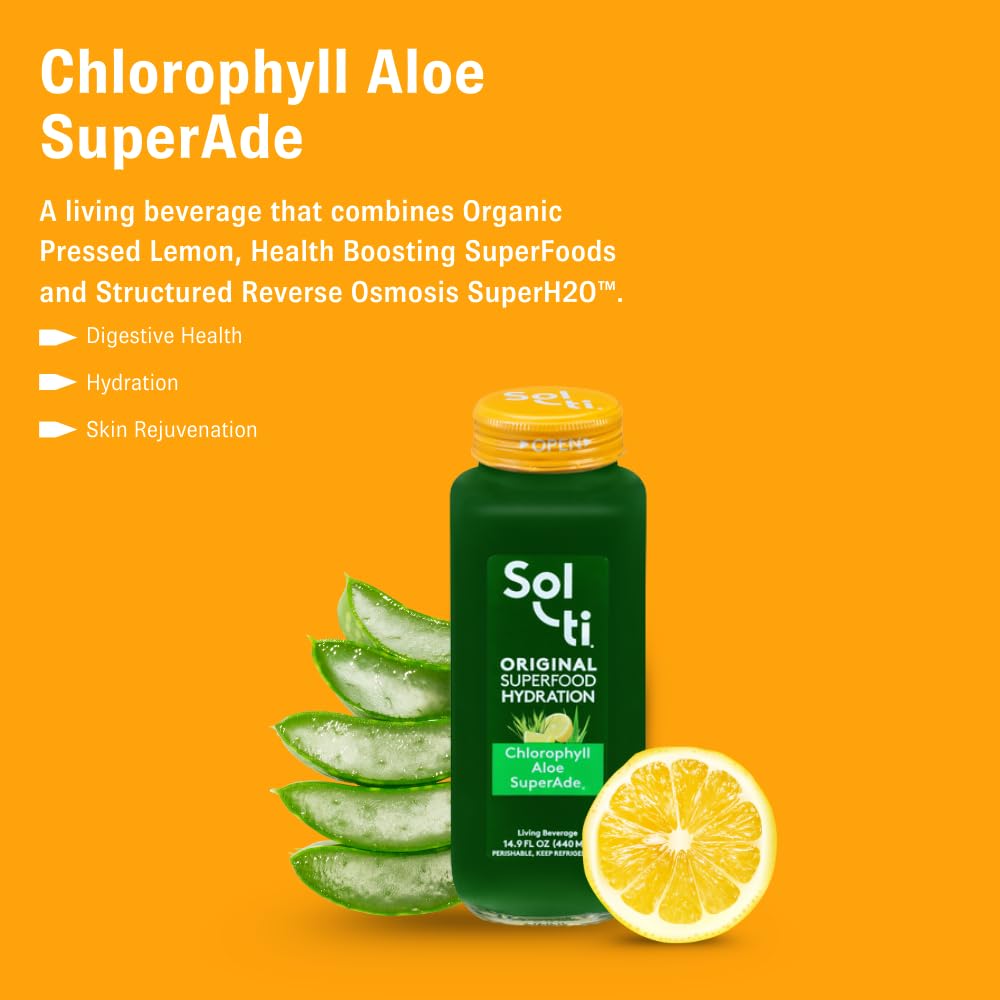 Organic SuperAde Hydration Drink, Digestive and Skin Health, SuperFood Lemonade by Sol-ti, Cold-Pressed Chlorophyll, Aloe and Lemon Juice Blend, 16