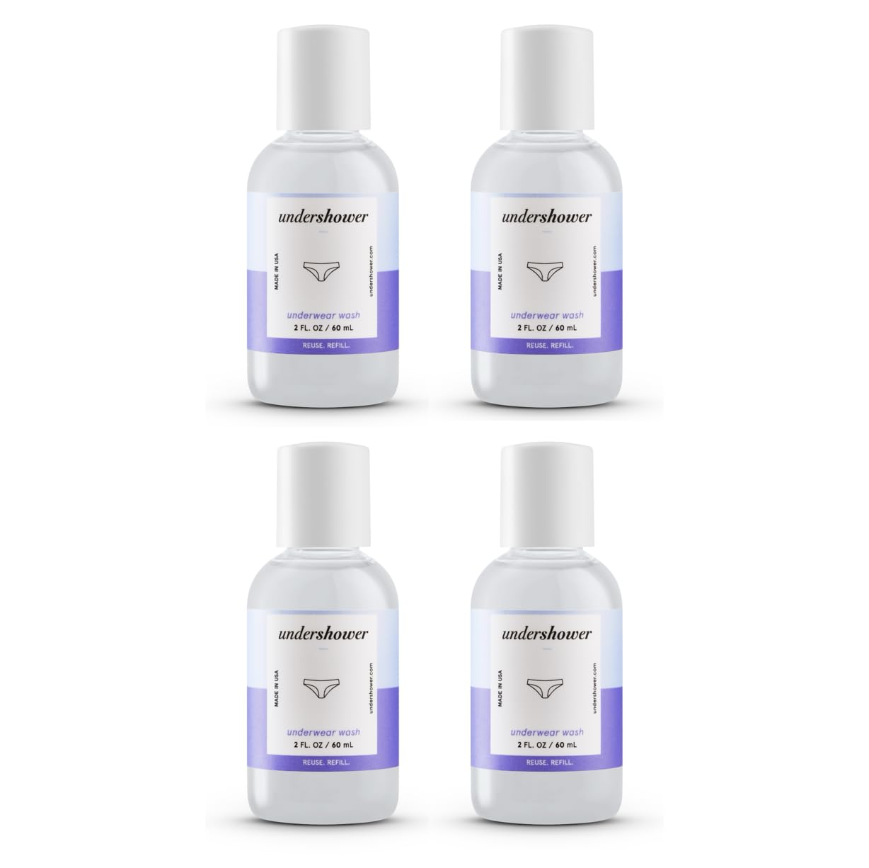 Undershower underwear detergent bundle. Travel size. 2 fl oz bottles, pack of 4. Undershower is designed to wash your underwear and swimwear in the