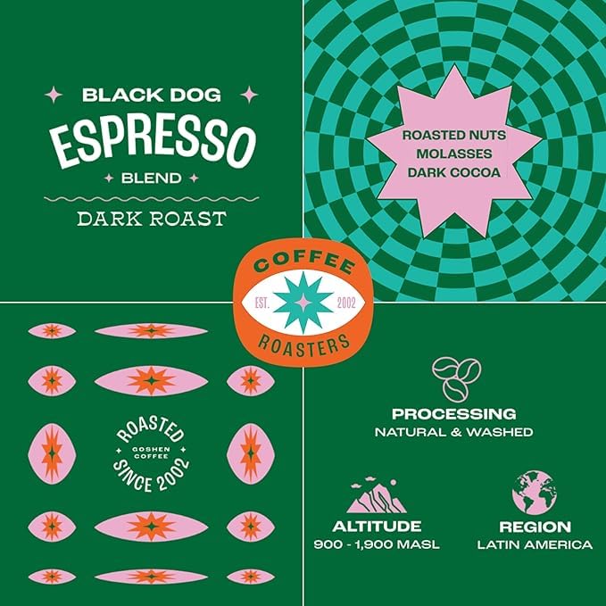Goshen Coffee Roasters Single Serve Black Dog Espresso Blend | Dark Roast Roast | Roasted Nuts, Molasses, Dark Cocoa Flavors | 8 CT 4 Oz "Steeped"