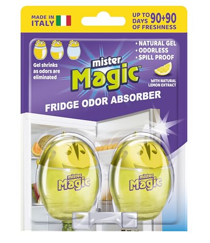 Mister Magic Refrigerator Odor Absorber - Natural Lemon Formula Gel, Odorless Fridge Deodorizer, Neutralizes Food Odors, Lasts Up to 90 Days, Safe