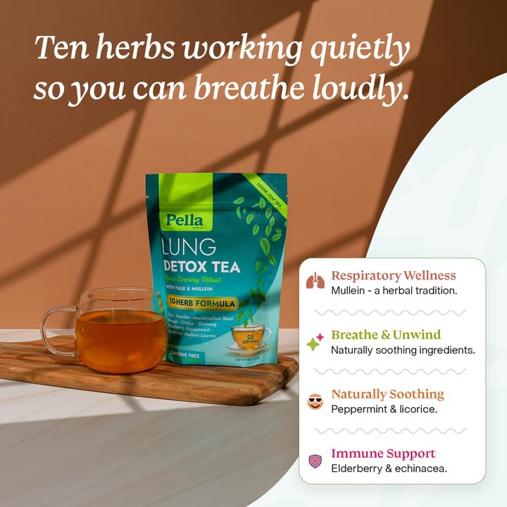 Lung Detox Tea - 10-Herb Formula with Ginger Licorice Elderberry Ginseng Marshmallow Root Echinacea Peppermint Tulsi Rooibos & Mullein Leaves - Vegan