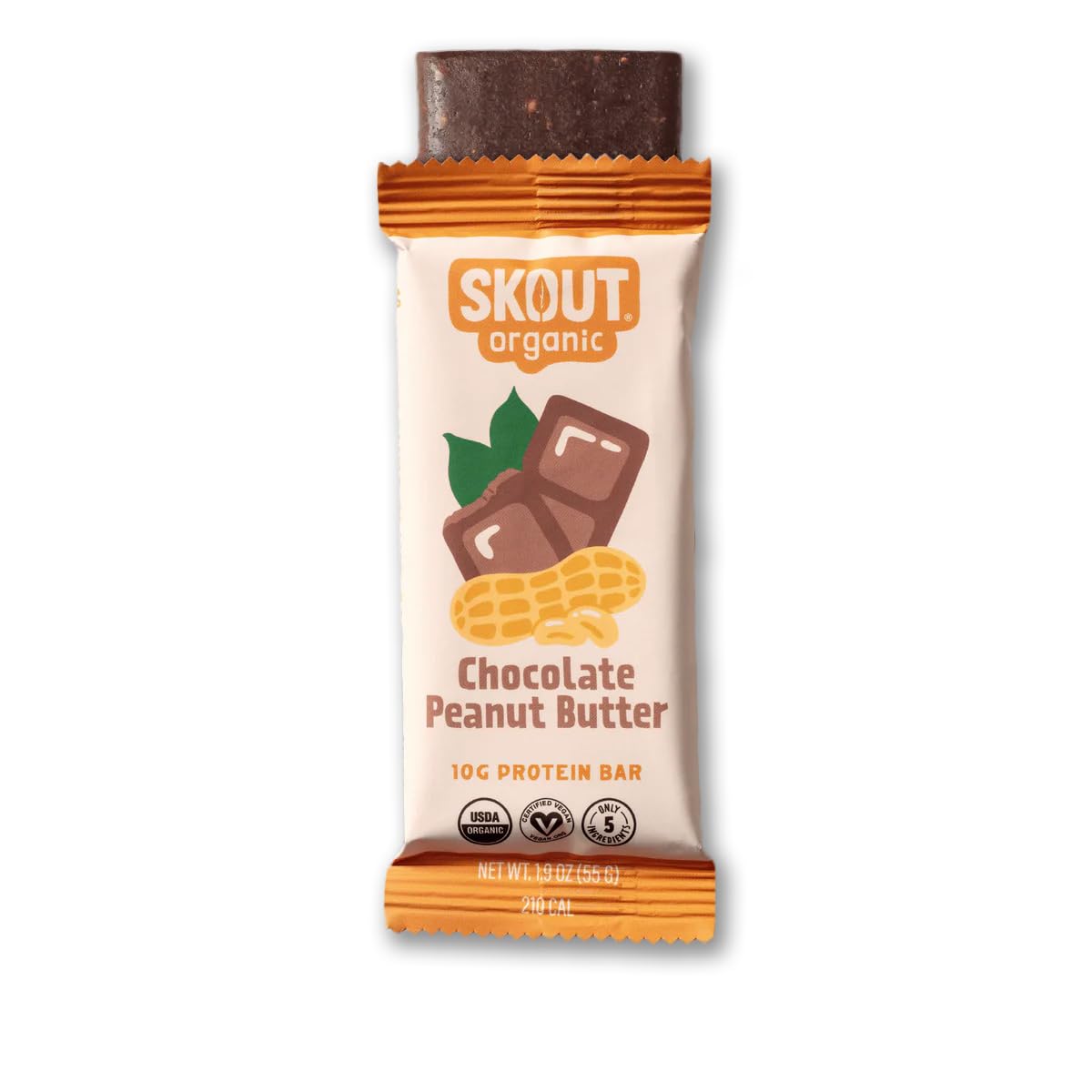 Skout Organic Plant-Based Protein Bars Chocolate Peanut Butter (12 Pack) 10g Protein - Vegan Protein Bars - Only 5 Ingredients - Easy Snack - Gluten
