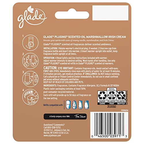 Glade PlugIns Refills Air Freshener, Scented and Essential Oils for Home and Bathroom, Marshmallow Irish Cream, 1.34 Oz, 2 Count