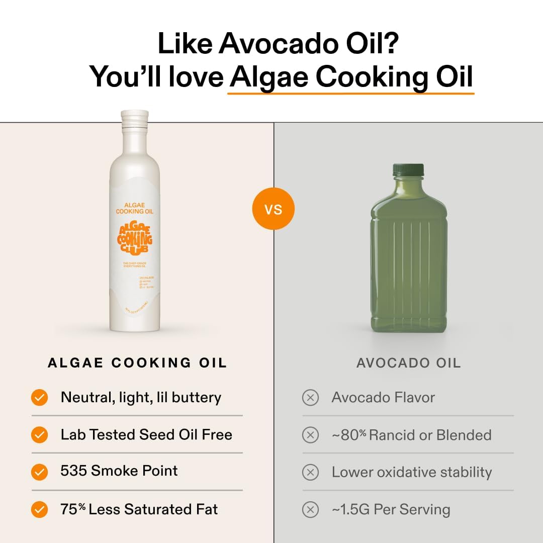 Algae Cooking Club Chef-Grade 100% Algae Cooking Oil - Avocado Oil Alternative - 535°F High Smoke Point - Omega-9 Rich, Neutral Buttery Flavor - Seed