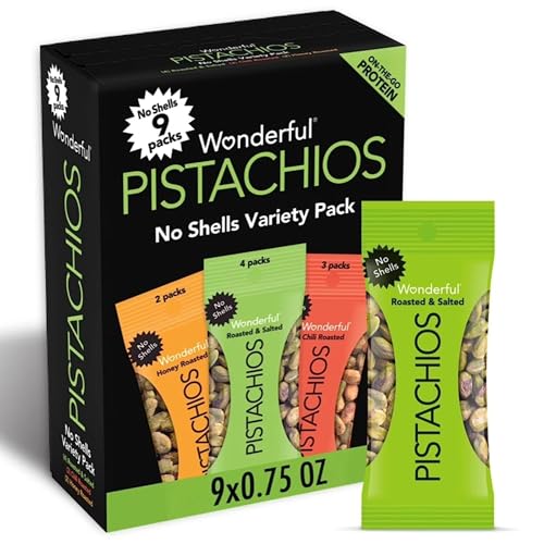Wonderful Pistachios No Shells, 3 Flavors Mixed Variety Pack of 9 (0.75 Ounce), Roasted & Salted Nuts (4), Chili (3), Honey (2), Protein Snacks