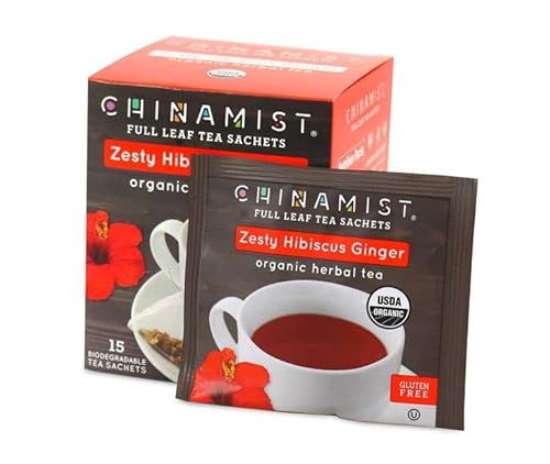 China Mist Zesty Hibiscus Ginger Organic Herbal Tea, 15 tea satchets