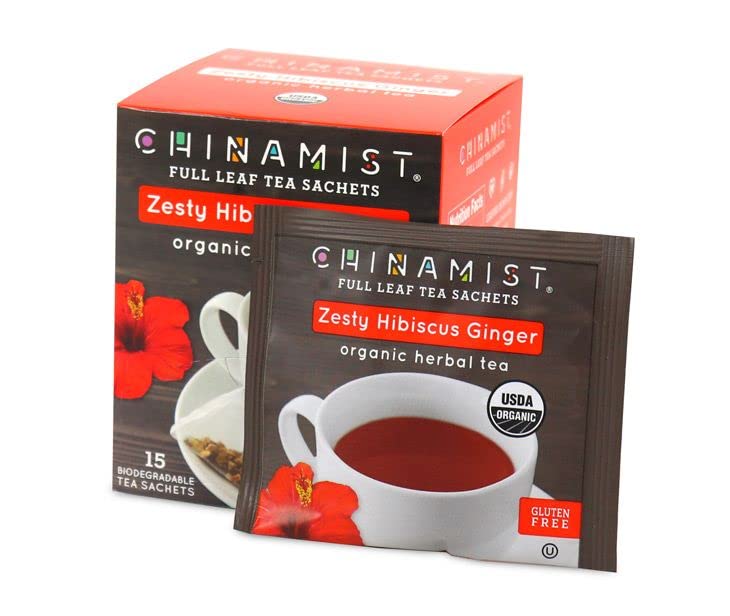 China Mist Zesty Hibiscus Ginger Organic Herbal Tea, 15 tea satchets