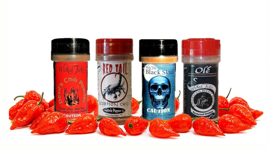 Wicked Tickle Chili Powder Gift Set, 4 Pack - Ghost, Smoked Ghost, Scorpion, Habanero Garlic Salt, 2 oz Bottles