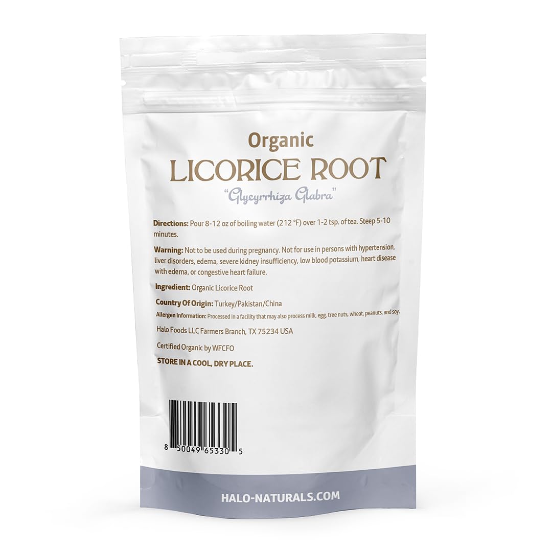 Halo Naturals Organic Licorice Root Cut & Sifted, 4 Ounces (Glycyrrhiza glabra) USDA Certified | Resealable Pouch| Packaged in The USA