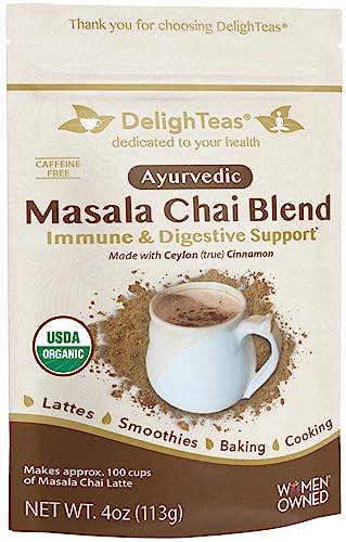 DelighTeas Organic Masala Chai Powder | Caffeine free, Unsweetened, Vegan, Keto | Ayurvedic Digestive Support blend for Chai Spice Tea | 100 Servings