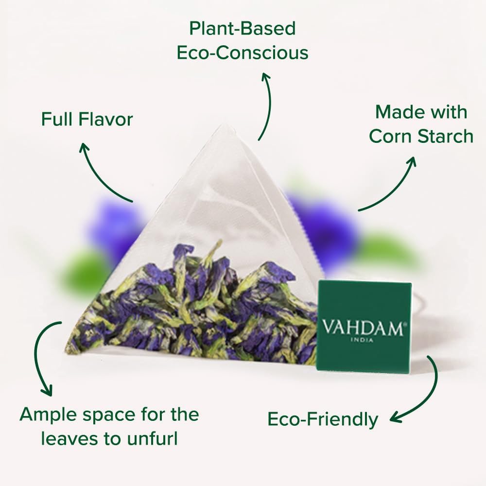 VAHDAM, Butterfly Pea Flower (15 Pyramid Bags) Vegan, Non-GMO | Delicate & Earthy | Direct From Source - Plant-Based Biodegradable | Brew Iced Tea