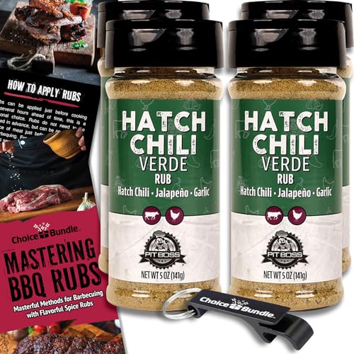 Pit Boss Hatch Chili Verde Premium Barbecue Mixed Seasoning Spice & 4 pk Choice Bundle (20 oz) + Guide & Keychain Bottle Opener (6 Items)!