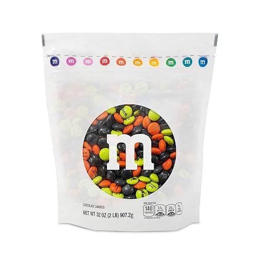 M&M’S WORLD Pre-Printed Halloween Candy - 2lbs of Bulk Candy in Resealable Pack for Halloween Party, Trick or Treat Favor, Halloween Dessert
