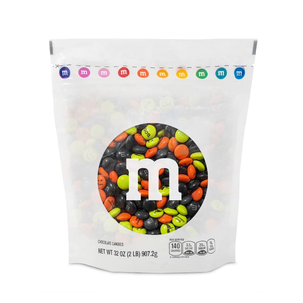 M&M’S WORLD Pre-Printed Halloween Candy - 2lbs of Bulk Candy in Resealable Pack for Halloween Party, Trick or Treat Favor, Halloween Dessert