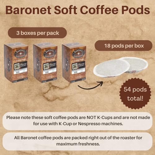 Baronet Coffee Pods [Cinnamon Hazelnut-54 Pods] Flavored Single Cup Use, Like Senseo [3 Boxes of 18 Single Serve 10 Gram] Regular Strength, Medium
