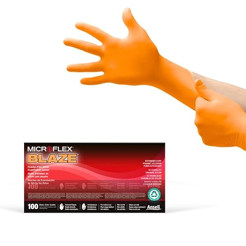 Ansell Microflex Blaze N48 7mil Disposable Nitrile Gloves w/Extended Cuff for Automotive, Oil, Mining - Small, Orange (Pack of 100)