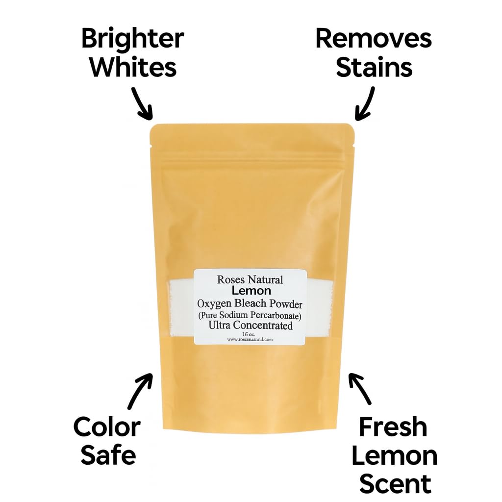 Lemon Sodium Percarbonate, 16 oz. Pure Oxygen Bleach Powder, Ultra Concentrated Whitener, Chlorine Free, Powerful Bleach Alternative, Color Safe