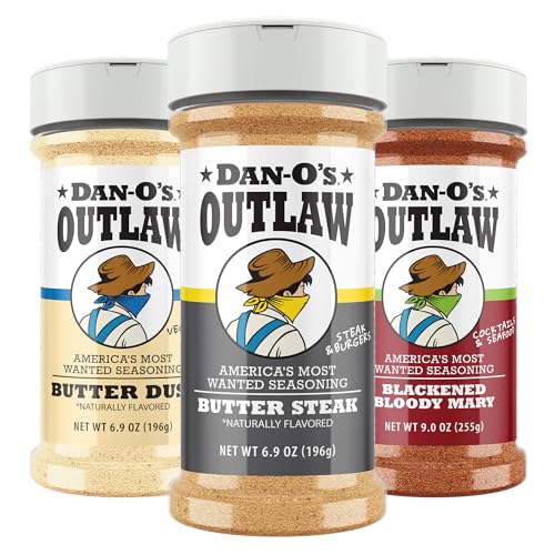 Dan-O’s Outlaw Seasoning Variety Pack - 3 Bottle Set - Butter Dust, Butter Steak & Blackened Bloody Mary - Bold Buttery & Blackened Spice Blends