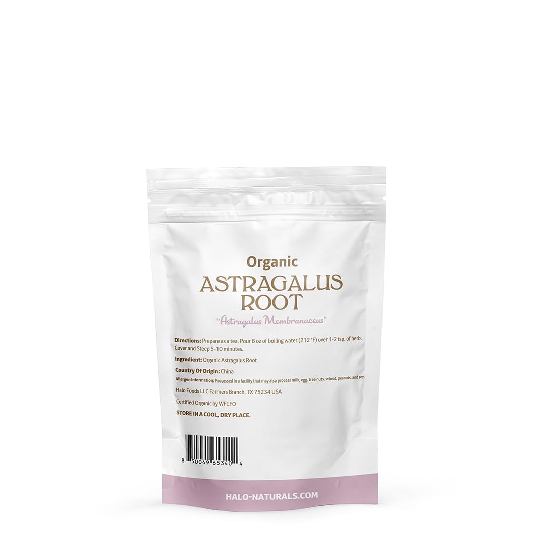 Halo Naturals Organic Astragalus Root Cut & Sifted, 4 Ounces (Astragalus membranaceus) USDA Certified | Resealable Pouch| Packaged in The USA