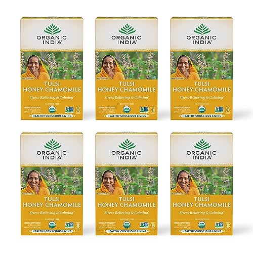 Organic India Tulsi Honey Chamomile Tea Bags - Herbal Tea for Stress Relieving & Calming, Immune Support, Adaptogen, Gluten-Free, USDA Certified
