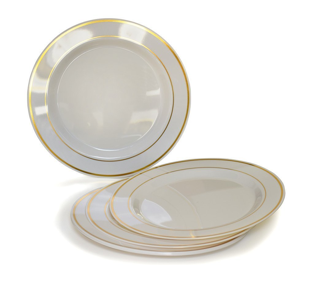 White Premium Plastic Round Plates With Gold Trim - 6.25" (Pack Of 20) - Elegant Disposable Dinnerware For Weddings, Parties & Events